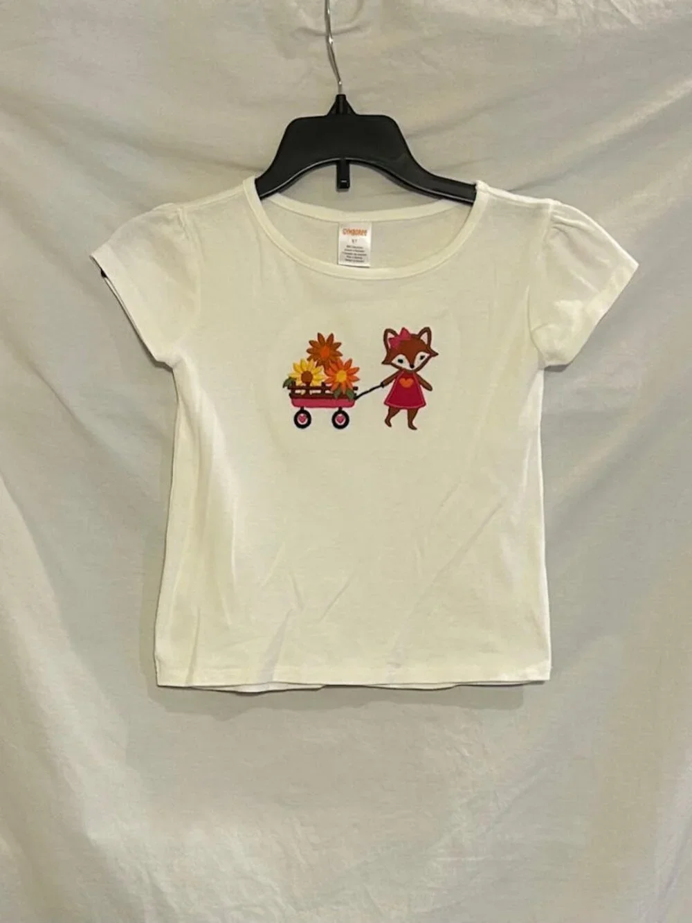 Gymboree Girls 5T White Embroidered Fox Wagon Flower Short Sleeve Top Harvest